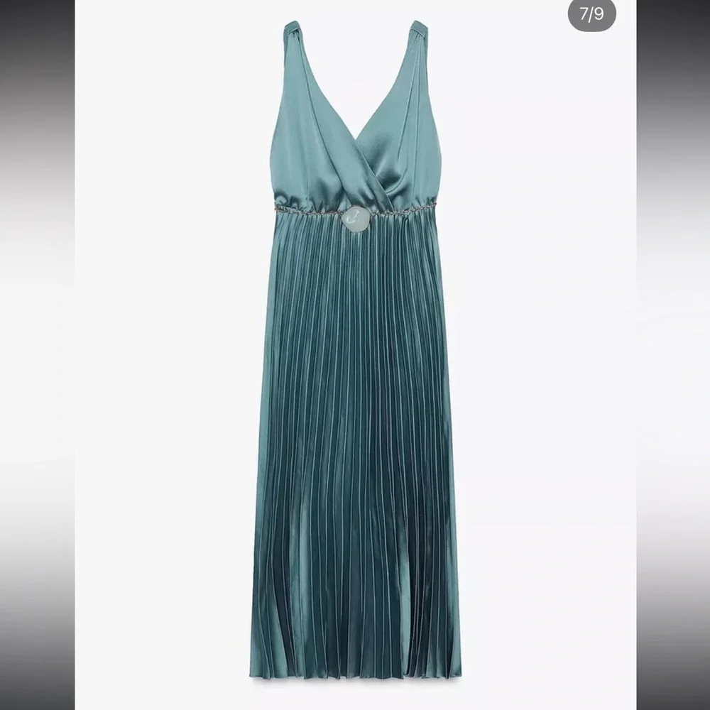 🆕(NWT) ZARA Bloggers Fav Pleated Midi Dress with Belt. XS. Color: Blue Steel - Picture 12 of 16